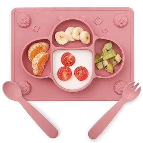 ROCCED Suction Plates for Baby Placemat Spoon Fork Set for Toddlers, Silicone Baby Plates with Suction Baby Dishes for Kids Plates-pale mauve