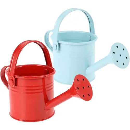 DOITOOL Kids Watering Can Small Metal Watering Cans, 2PCS Gardening Water Pots Garden Watering Bucket Plant Watering Can Iron Mini Watering Can for Kids (Red and Light Blue)