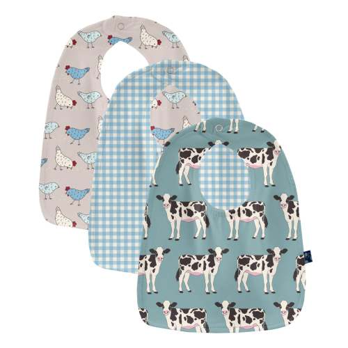 Print Bib Set of 3 in Jade Cows, Seaside Blue Gingham &amp; Latte Chickens