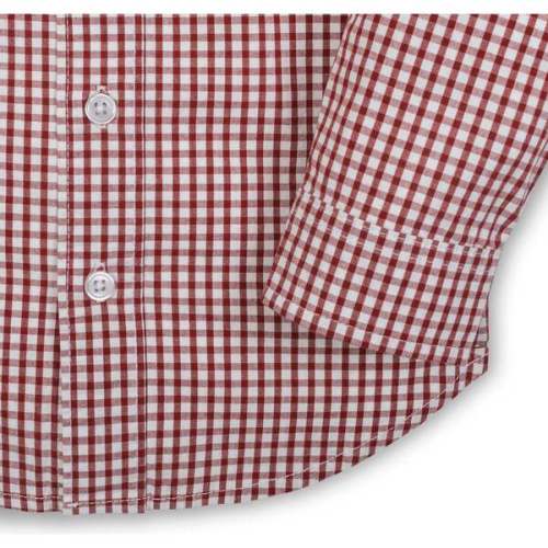 Organic Stretch Poplin Long Sleeve Button Down Shirt, Dark Red Check - Hope & Henry | Maisonette