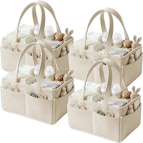 4Pcs Baby Nappy Caddy Organiser Portable Corduroy Diaper Caddy Storage Basket with Handle for Newborn Essentials, Baby Shower and Diaper Station Sand (Beige, 4Pack)