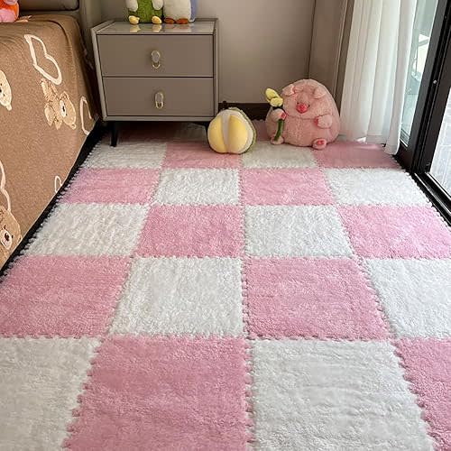 12 Pcs Plush Foam Interlocking Carpet Tiles,Soft Shaggy Fluffy Floor Area Rugs with Padding,Colorful Floor Protective Mats for Home Kids Room Playroom (White and Pink, 11.8 x 11.8 x 0.39)