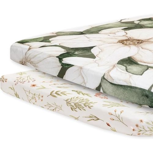Pobibaby - 2 Pack Premium Pack N Play Sheets Fitted for Standard Pack and Plays and Mini Cribs - Ultra-Soft Cotton Blend, Stylish Floral Pattern, Safe and Snug for Baby (Zephyr)