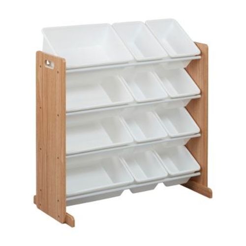 ECR4Kids 4-Tier Organizer with 12 Removable Plastic Bins, 4x3, Toy Storage, Dark Natural/White