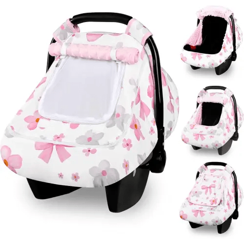 Hooyax Baby Car Seat Cover with Dual Zipper, Extra Large Mesh Window Carseat Canopy, All-Season Weather Protection for Infant Car Seats & Strollers (Pink Bow)