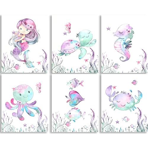 Mermaid Nursery Wall Art Prints,Sea Life Wall Art,Nautical Ocean Animal Prints,Watercolor Seahorse Octopus Turtle Crab Sea Creatures Posters,for Girls Bedroom Decoration Nursery Kids Room Wall