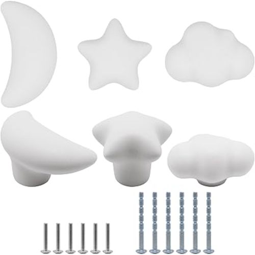 6pcs Ceramic Cabinet Knobs, Star Moon Cloud Shape White Drawer Knobs, Unique Cute White Drawer Pulls Handles Nursery Dresser Knob for Kitchen Room Cupboard Closet Vanity Decorative