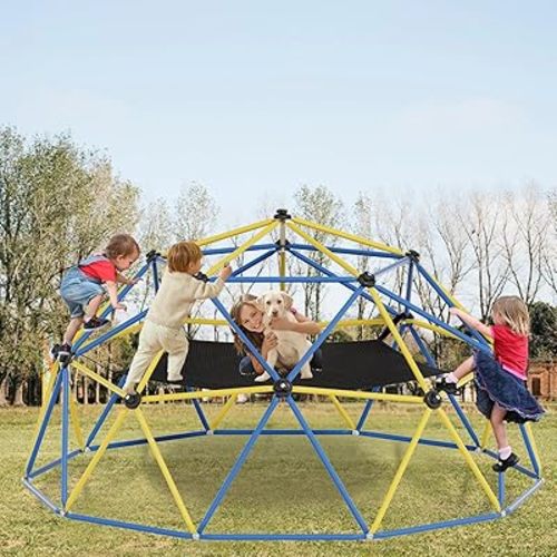 Climbing Dome,10FT Dome Climber with Hammock, Outdoor Play Equipment for 3 to 10 Children, Supports Jungle Gym up to 1,000 lbs, Rust Resistant, Easy to Assemble, Gift for Kids, Blue+Yellow