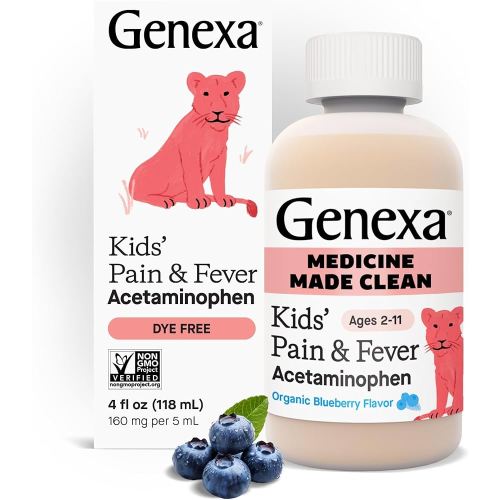 Genexa Children's Clean Acetaminophen | Pediatrician Preferred Ingredients | Pain & Fever Reducer for Kids | Dye Free, 0% Artificial Additives | Ages 2-11, Delicious Organic Blueberry Liquid, 4 fl oz
