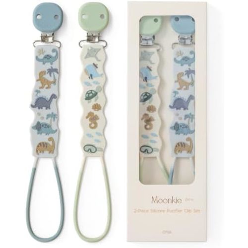 Moonkie Flat Silicone Pacifier Clips – One-Piece Pacifier Holder Clips, Binky Clips for Baby Boys & Girls, Gift-Ready Baby Essentials - 2Pack (Dino & Deep Sea)