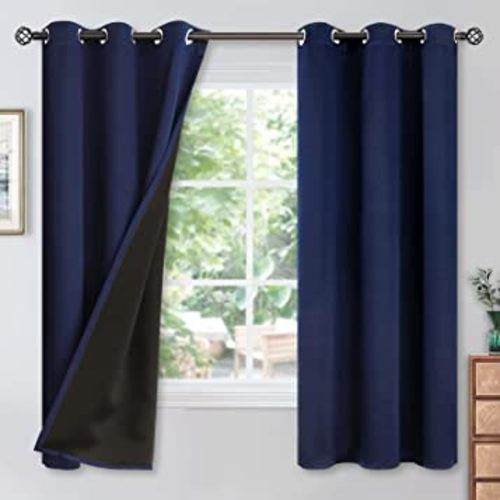 YoungsTex Navy Blue 100% Blackout Curtains 63 Inches Long, Grommet Top Thermal Insulated Total Blackout Window Curtains for Bedroom with Black Back, 2 Panels, 42 x 63 Inch