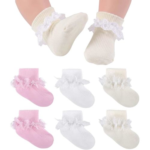MKYSZLT Baby Girl Ruffle Socks Non Slip Grips Cute Cotton Lace Frilly Ankle Pageant Dress Socks Newborn Infant Preemie 0-3 Months (black,beige,pink,red,white,off white)