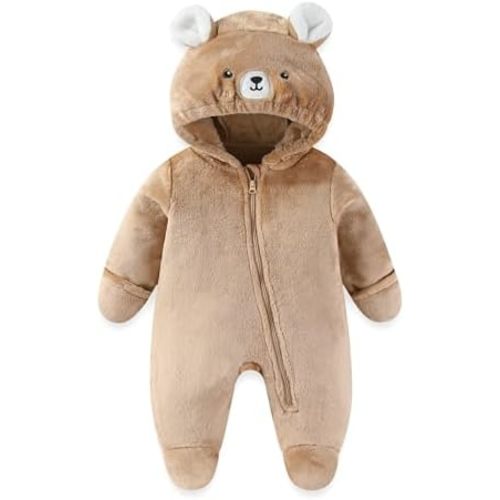 JiAmy Baby Fleece Snowsuit Cute Bear Romper Newborn Winter Jumpsuit Hooded Warm Coat with Fold-over Mittens Footies