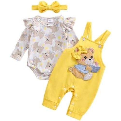 Newborn Infant Baby Girl Outfits Ruffle Bear Long Sleeve Romper Bodysuit Bib Suspender Pants Set Cute Clothes