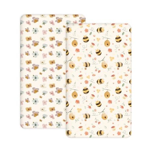 Pack and Play Sheets 2 Pack, Fitted Jersey Knit Mini Crib Sheets for Baby Boys and Girls, Compatible with Graco Pack N Play and Mini Crib Mattress (Bee Happy, Pack N Play/Mini Crib Sheets)