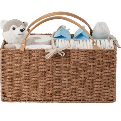 HBlife Large Baby Diaper Caddy Organizer, Paper Rope Storage Baskets Nursery Bin with Removable Divider, Portable Car Organizer for Diapers, Baby Shower Gifts, Newborn Essentials Must Haves