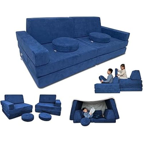 Mod Blox 10 Piece Soft Modular Kids Play Couch for Boys and Girls｜Child Sectional Fort Building Sofa for Toddlers Playroom with Microsuede Covers and High Density Convertible Foam Cushions (Navy Blue)