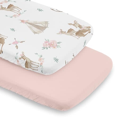 Sweet Jojo Designs Woodland Deer Floral Girl Baby Bassinet Sheets Fitted Sheet Set Infant Newborn Nursery Oval Rectangle Hourglass Mattress 2p Pink Green Boho Bohemian Watercolor Forest Animal Chic