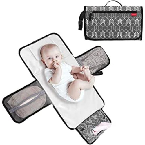 Lekebaby Portable Diaper Changing Pad Waterproof Change Mat Travel for Baby, Built-in Head Cushion, Arrow Print, Grey