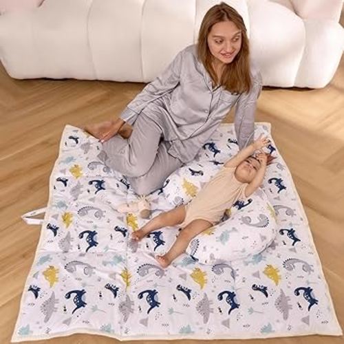 Little Grape Land Baby Mat for Floor 71x59 Soft Padded Playpen for Crawling, Tummy Time & Play, Non-Slip, Machine Washable Dinosaur Mat for Infants & Toddlers, Foldable Outdoor Mat with Handle