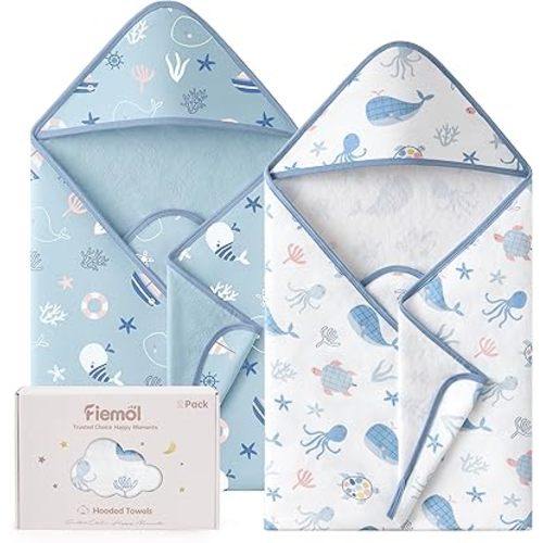 Hooded Baby Towels for Newborn,100% Cotton Baby Bath Towels with Hood for Infant Toddler Boy Girl, 2 Pack 32x32 Inch Soft & Absorbent Knit Terry Bath Essentials Blue Whale