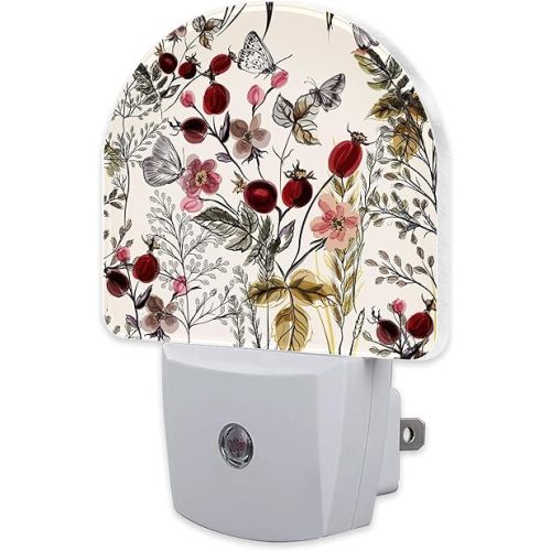 Vintage Flowers Butterfly Night Light, Watercolor Floral Dusk to Dawn Night Light Plug in,0.5w Energy Saving Sleep Friendly NightLight for Kids Boys Girls Home Decor
