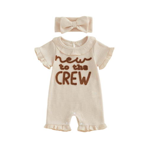 BemeyourBBs Newborn Baby Girl Summer Clothes Hospital Going Home Outfit Baby Girl New To The Crew Romper Letter Embroidered Short Sleeve Waffle Knit Ruffle Jumpsuit Shorts Headband
