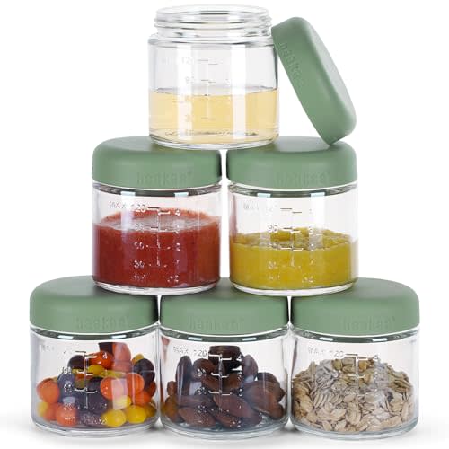 Haakaa Baby Glass Food Jars, 100% Leak-Proof Baby Food Containers with Silicone Lids, Borosilicate Glass, Fridge & Freezer & Microwave Safe, 6 PCS 4 oz, Pea Green