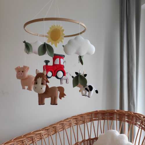 Farm Animal baby Crib Mobile: Felt Tractor red Nursery Decor.Farms baby shower gift