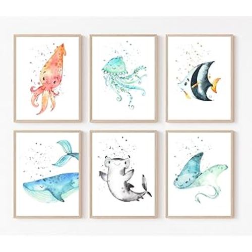 Wodkwq Nursery Wall Art Sea Animal Canvas Prints Baby Girl Boy Room Decor Watercolor Paintings Pictures Cute Ocean Theme Toddler Room Decoration Set of 6 for Kids Bedroom Bathroom 8x10in Unframed