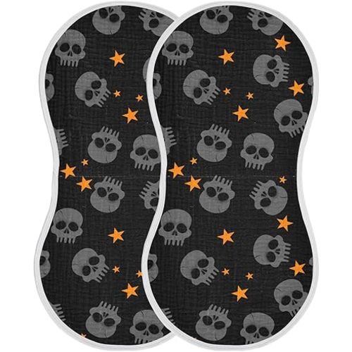 Halloween Skull Muslin Burp Cloths for Baby Boys and Girls - 2-Pack Ultra Absorbent Muslin Washcloths, Newborn Towel, Milk Spit Up Rags, Burp Cloth Bibs for Unisex, 22 x 11 Inch