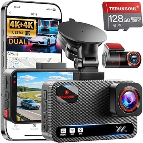 4K+4K Dash Cam Front and Rear, Free 128GB Card Included, 5.8GHz WiFi Dash Camera for Cars, Built-in GPS, G-Sensor, 170°Wide Angle, 3" IPS Screen, 24H Parking Mode, Support 512GB Max