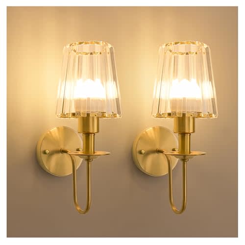 Battery Operated Wall Sconces Set of 2, Gold Crystal Wall Lights | 5200mAh rechargeable wall lights with magnetic bulbs, remote control, 15 colors, 10-level dimming and timer for bedrooms