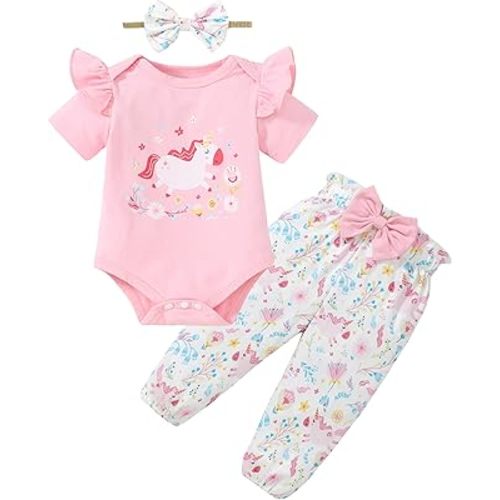 DISAUR Baby Girls Clothes Newborn Infant Baby Girls Outfit Long Sleeve Ruffle Romper Floral Pants Headband Sets 0-18 Months