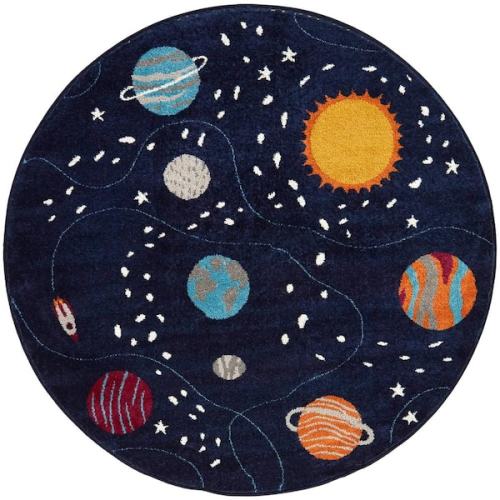 Round Space Explorer Novelty Navy 5 ft. 3 in. x 5 ft. 3 in. Indoor Area Rug