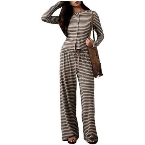 WDIRARA Women's Striped 2 Piece Pants Outfits Long Sleeve Button Down Knit Top Set Leisure Fall Casual