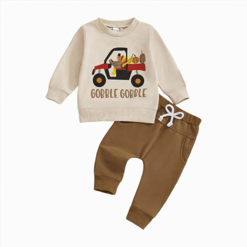 TAmten 3 Month Baby Boy Clothes Fall Clothes Letter Truck Long Sleeve Pullover Sweatshirt Tops Joggers Pants Set Winter Outfits(Khaki,0-3 Months)