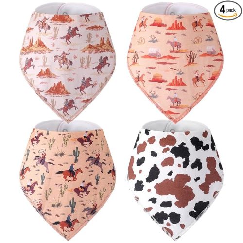 VitalCozy 4 Pcs Western Cowboy Baby Bandana Bib for Girl Boy, Cotton