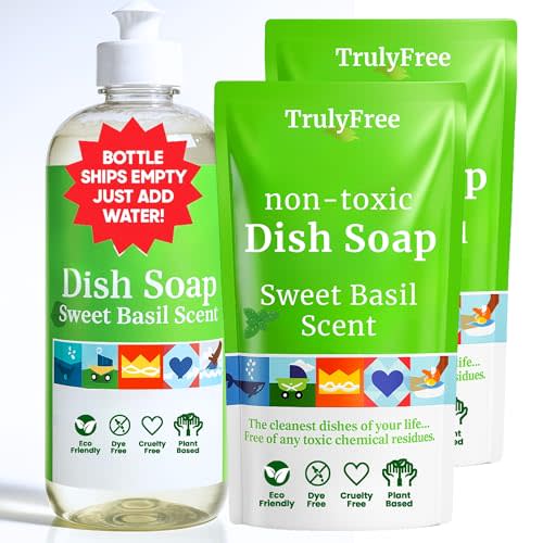 Truly Free Non-Toxic Dish Soap Kit - Sweet Basil - 16 fl oz | Natural Concentrated Dishwashing Liquid, Organic Plant-Based, Family Safe, Eco-Friendly Formula