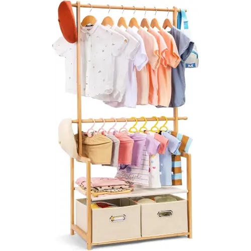 Kids Clothing Rack Bamboo with 2 Storage Baskets and 2 Adjustable Hanging Rods,Child Garment Holder with Shelf, Dress up Racks for Playroom,Toddlers Bedroom (Natural)