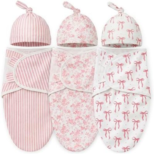 3 Pack Newborn Swaddle Blankets with Matching Hats Soft 100% Cotton Baby Sacks 0-3 Months for Girls Breathable Pink Floral Striped & Bow Print Swaddling Wraps Infant Essentials