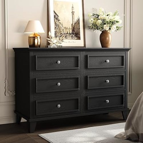 GAOMON Dresser for Bedroom, 6 Drawer Wide Dresser Storage Organizer, Modern Wooden Chest of Drawers with Metal Handles for Hallway, Entryway, Home Office, Black
