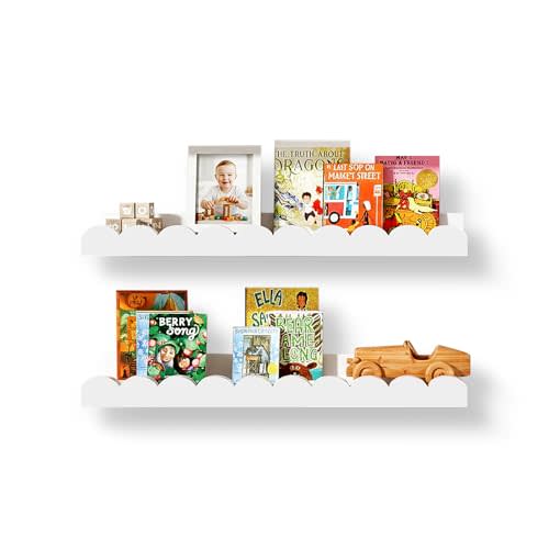 Nursery Floating Shelves for Kids Room, 2 Pack 23.6 Inch White Wall Shelves with Scalloped Edge, Kids Bookshelves for Toddler Bedroom, Playroom, Baby Nursery Decor