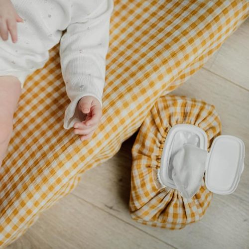 Baby Wipes Cover – Universal Size, One Size Fits All Wipes Packages | Muslin Cotton Tissue Cover for Nursery, Diaper Bag & Changing Table, Station | Gingham & Neutral Patterns (Mustard Yellow Gingham)