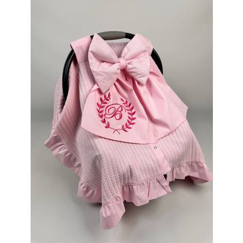 Personalized Pink Pique Car Seat Canopy Cover, Embroidered Bow Accessory, Handmade Carseat Cover