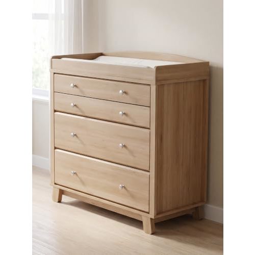 4 Drawers Baby Dresser with Changing Top, 35x17x38 in, Natural Wood | MDF Build, Removable Changing Table Topper, Drawer Organizer Divider, Nursery Corner, Space-Saving, Silver Metal Pulls