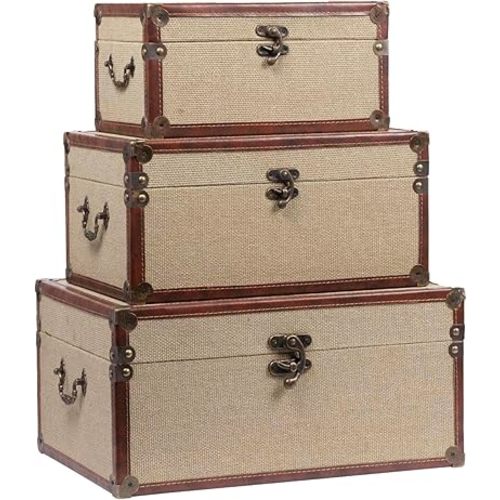 Farmhouse Decorative Storage Trunks Set of 3 Linen and Wood Boho Vintage Boxes with Metal Handles and Clasp, Rustic Wooden Keepsake Chests for Living Room, Entryway & Bedroom Organization