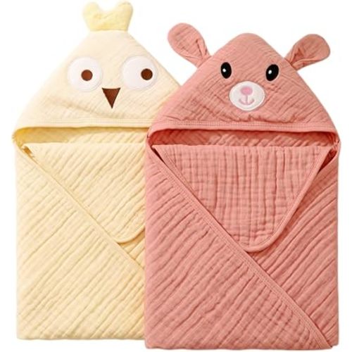 2 Pack Muslin Baby Hooded Towel, Soft & Absorbent Bath Towel for Infant, Toddler, Unisex, Baby Gift, Newborn Essentials