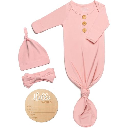 Soft Baby Knot Gown 0-3 Months, Newborn Announcement Sleepers With Mitten Cuffs and Personalized Wooden Name Tag