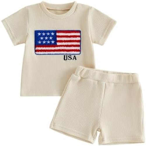 Karuedoo Toddler Baby Boy 4th of July Outfit American Flag Embroidery Waffle Knit Short Sleeve T Shirt Tops Shorts Set